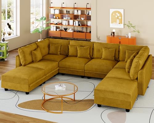 Image of LLappuil 112 inch Modular Sectional Sofa with Storage, U Shaped 8-Seat Pet-Friendly Corduroy Couch with 8 Throw Pillows, Convertible Sofa Set for Living Room & Apartment, Scratch Resistant, Yellow