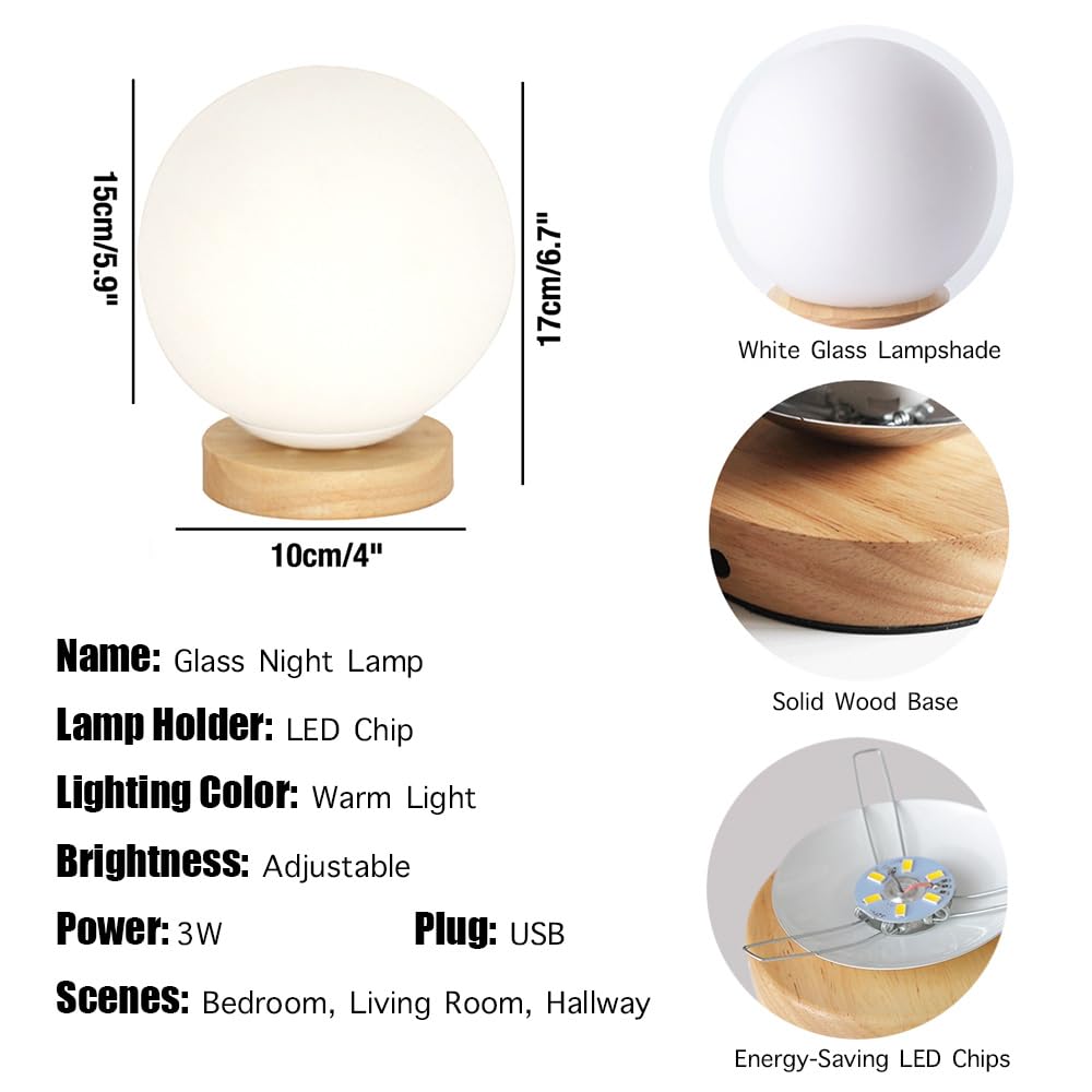 Lampada da Tavolo con Paralume A Sfera in Vetro Bianco, Dimmerabile, con Ricarica USB, Moderna Luce Notturna con Base in Legno Soggiorno, Arredamento per La Casa E Ufficio.