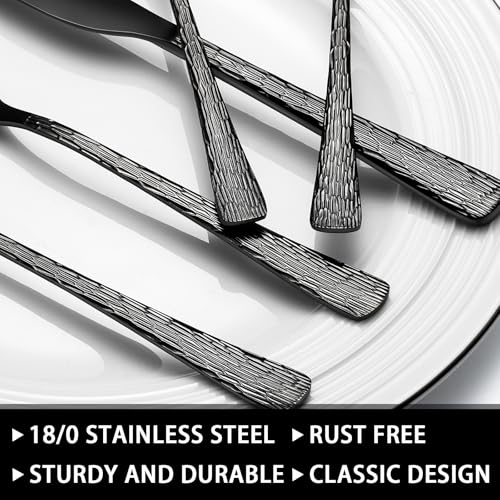 Image of 49-Piece Black Silverware Set with Organizer, Food-Grade Stainless Steel Black Flatware for 8, Cutlery Utensil Sets with Steak Knives, Rust-proof, Mirror Polished, Dishwasher Safe, Tree Pattern