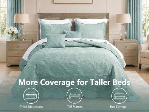 Image of HZ & HY Oversized Queen Bedspreads, Stitched Paisley, Aqua Sky