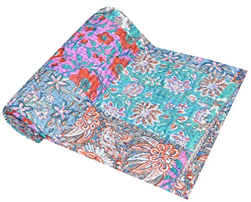 Yuvancrafts Cotton Kantha Quilt - Indian Handmade Bedding - Traditional Patchwork Printed Blanket Twin Size Quilt Bedspreads Throw (Multicolor) - 60
