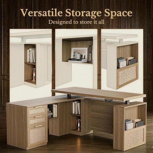 Image of 63 Inches L Shaped Electric Standing Desk, Executive Height Adjustable Desk with Drawers and File Cabinet, AC /USB, 1.18 inch Desktop and Privacy Panel for Home Office, Natural Oak