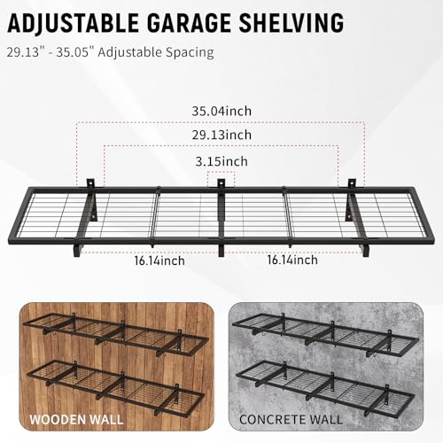 Image of 2 Pack Garage Wall Shelves, 46 inchX 12.5 inch Garage Shelving Wall Mounted, Heavy Duty Shelf Organizer with 8 Hooks, Black Floating Storage Metal Rack 320 LBS Capacity for Laundry Room, Office, Basement