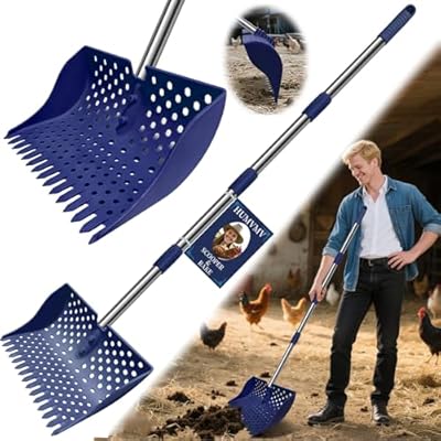 US Patent Pending 12-Inch 2-in-1 Chicken Poop Scooper & Rake,3-Shape Sifting Holes Chicken Coop Rake?Stainless Steel Handle ?20–61"?– Litter Scooper & Sand Sifting Shovel for Chicken Coops?Blue?