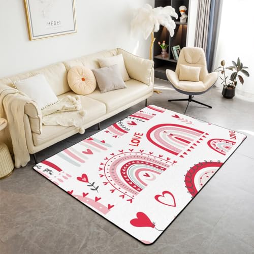 Erosebridal Pink Rainbow Striped Area Rug for Kids Girls,Geometric Love Heart Carpet 5x7,Cartoon Floral Plant Indoor Floor Mat,Cartoon Doodle Decorative Rug for Dining Room Under Table