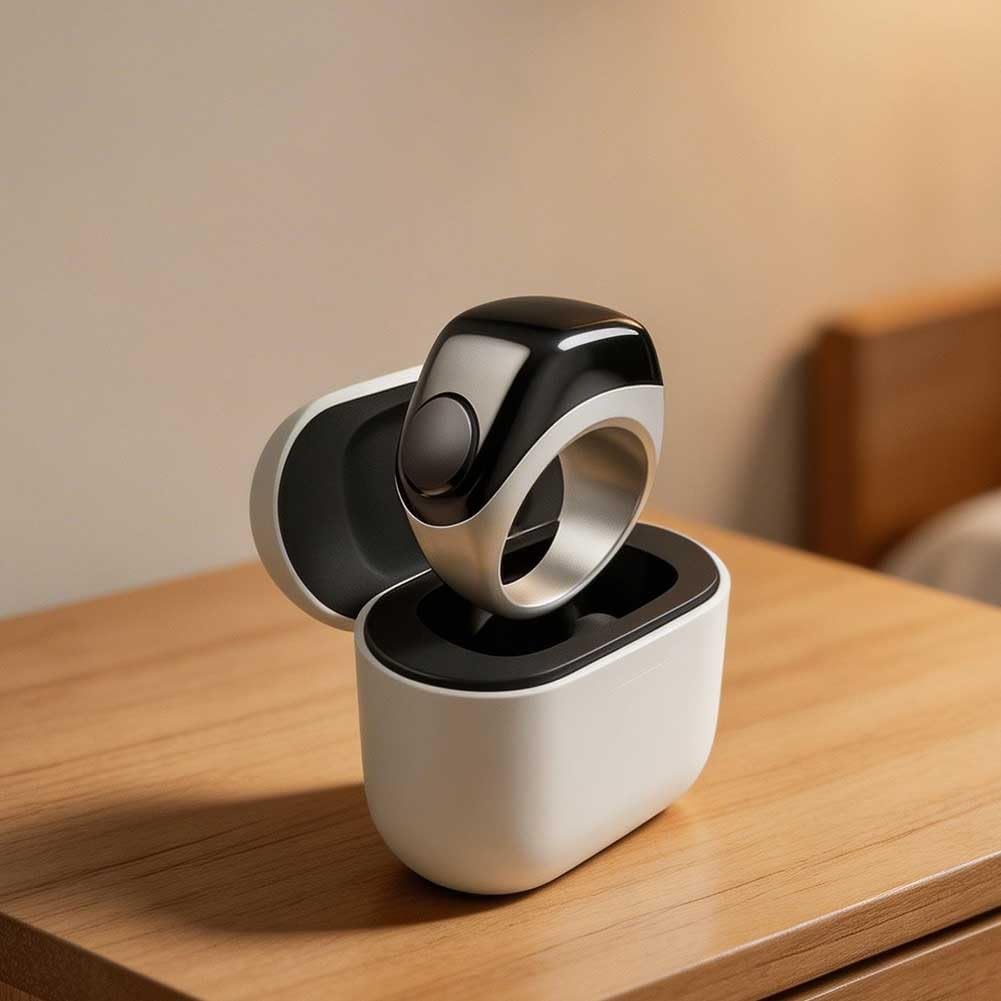 Anello intelligente digitale con finitura in titanio e design impermeabile IP67 con tre supporti sostituibili e custodia di ricarica per promemoria di preghiera e monitoraggio dei passi in diverse