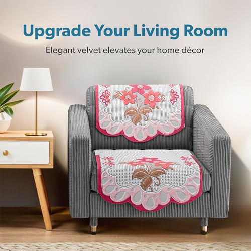 Image of Kuber Industries (Set of 6) Stylish & Durable Cotton Sofa Covers 2+1 Seater | Washable Sofa Protector /Mat & Slipcover for Living Room & Office | Painting Design-White & Pink
