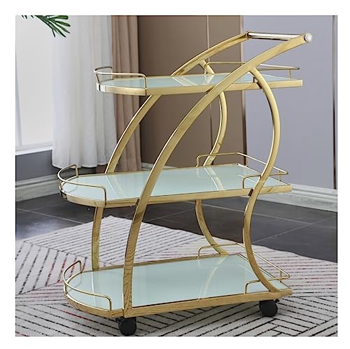 DANNMPX Carrito Organizador Carro De Acero Inoxidable 3 Niveles con Reposabrazos Y Ruedas, Rodante Móvil, Almacenamiento Cocina Vidrio Templado para El Hogar Cocina(Gold+White)