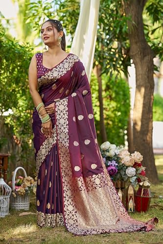 Image of SWORNOF Women's kanjivaram banarasi silk saree Zari Woven for festival Wedding silk with rich pallu Design sarees for women with Unstitched blouse piece
