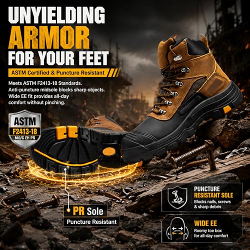 Image of ROCKROOSTER Sedona - Men's Waterproof Puncture Resistant Work Boots, 6 inch Lace Up Steel Toe ASTM Safety Boots AK216