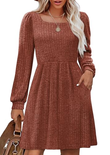 OFEEFAN Womens Knit Sweater Dress with Pockets Square Neck Long Sleeve Dresses