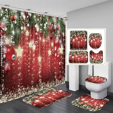jieprom 4PCS Merry Christmas Shower Curtain Set with Rugs, Toilet Lid Cover and Bath Mat, Shower Curtain with 12 Hooks, Durable Bathroom Decor Set for Christmas Cover