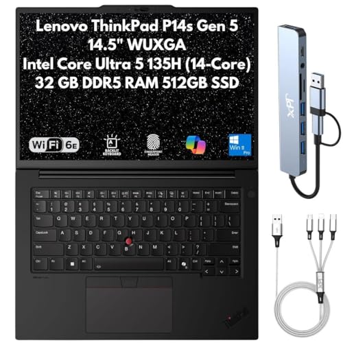 Image of Lenovo ThinkPad P14s Gen 5 Mobile Workstation, 14.5 inch WUXGA (1920x1200), Intel 14-Core Ultra 5 135H (Beats i7-13700H), 32GB DDR5 RAM, 512GB SSD Gen4, FPReader, RJ45, Wi-Fi 6E, IR Cam, Windows 11 Pro