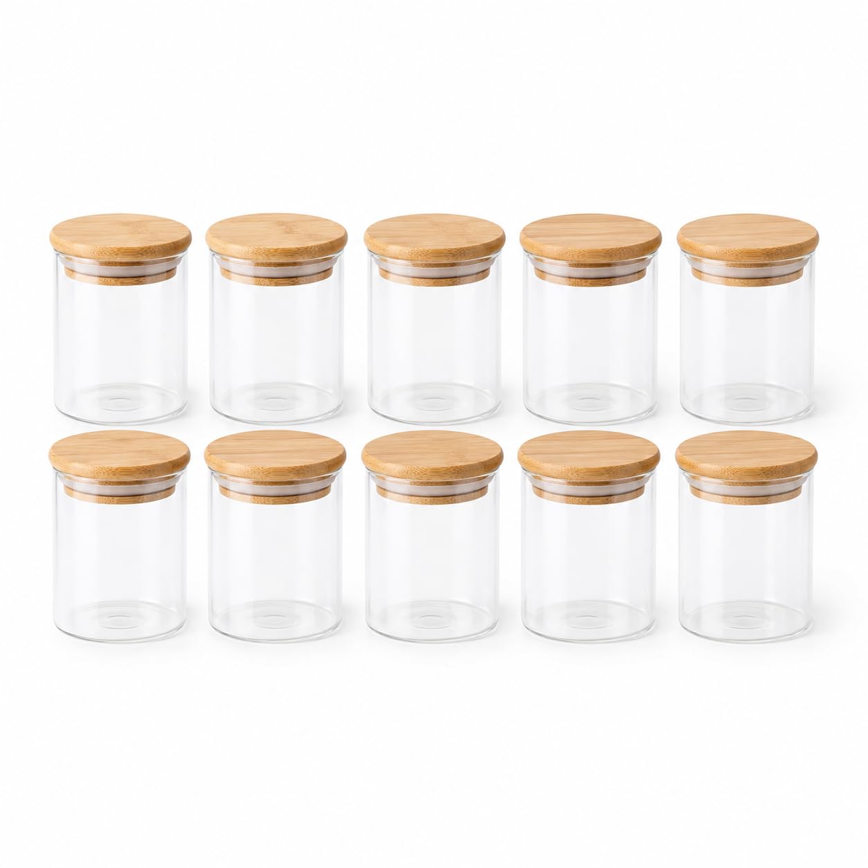 Kit 10 Potes Herméticos de Vidro 250ml com Tampa de Bambu, Potes Redondos para