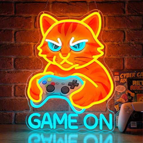 Astuddy Enseigne Néon Chat, Game On Enseigne Néon, Enseigne lumineuse LED néon Chat avec manette pour salle de jeux, lampe murale néon USB pour gamers,...