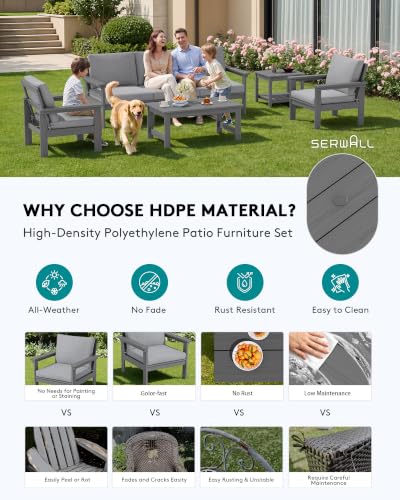 Image of SERWALL HDPE Outdoor Patio Furniture Set Outdoor Couch | All Weather Outdoor Sectional with Coffee Table & Side Table, Gray Frame & Gray Cushions