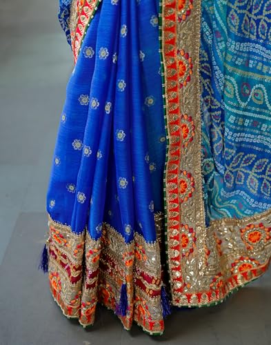Image of SIRIL Women's Bandhani Printed, Foil Print, Sequins Embroidery And Pearl Lace Chiffon Saree With Unstitched Blouse Piece