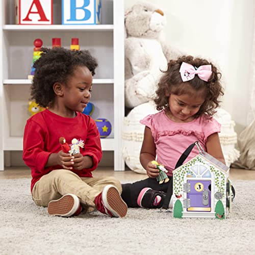 Image of Melissa & Doug Take-Along Wooden Doorbell Dollhouse - Doorbell Sounds, Keys, 4 Poseable Wooden Dolls Portable Doll House, Doorbell House for Kids Ages 3+