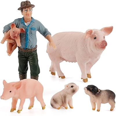 DOYIFUN 5 Pcs Realistic Farm Pig Animals Model Figure Toy Set,Barn Farm Pig Figurines Collection Playset with Farm Keepers, Preschool Science Educational Learn Cognitive Props