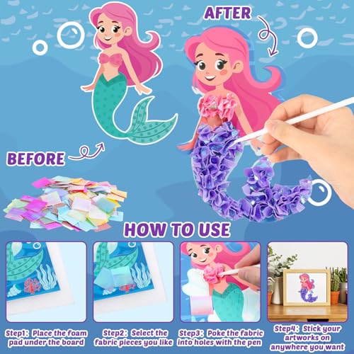 Image of Lonfliness 8PCS Poke-in Craft and Art Kit Mermaid Theme No-Mess Fabric Sewing Art Puzzle Puncture Painting DIY Ocean Sea Animals Toy Gifts for Activity Game Birthday Party