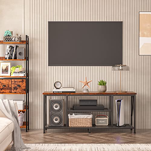 Furologee Tv Stand For 60 65 Inch Tv, Industrial Entertainment Center, Long 55'' Tv Console Table With Open Storage Shelves For Living Room, Bedroom, Wood & Metal Media Stand, Rustic Brown #TOP5