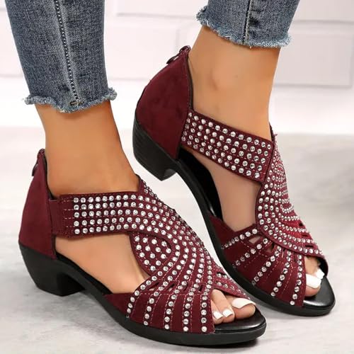 Western Sandals,Point Toe Sandals for Women,Open Toe Plus Size Zipper Shoes Comfortable Trendy Summer Vintage Peep Toe Rhinestone Mid Heels Sandals4