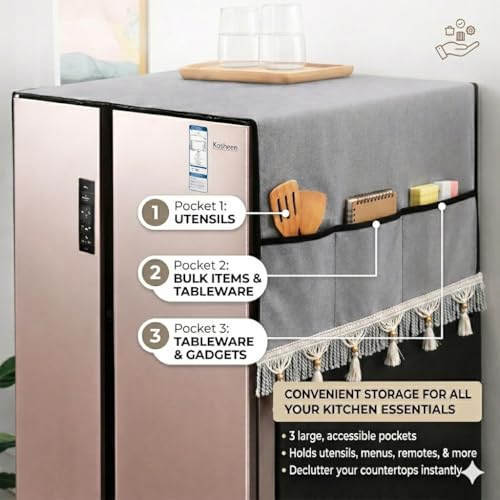 Image of Decorative Fridge Cover Top with Tassel Lace for Double Door Refrigerator - Waterproof, Dustproof & Washable Polyester Fridge Cover with 6 Side Pockets for Kitchen Accessories (Grey)