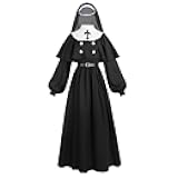 the Nun Costume Scary Nun Outfit Priest Halloween Women Dress with Cape, Wimple and Belt
