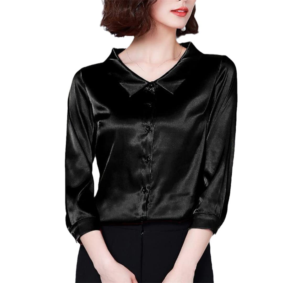 Camisa con Botones para Mujer, Manga Corta, Cuello en V, Blusa de Negocios para el Camisas de Seda Satinada