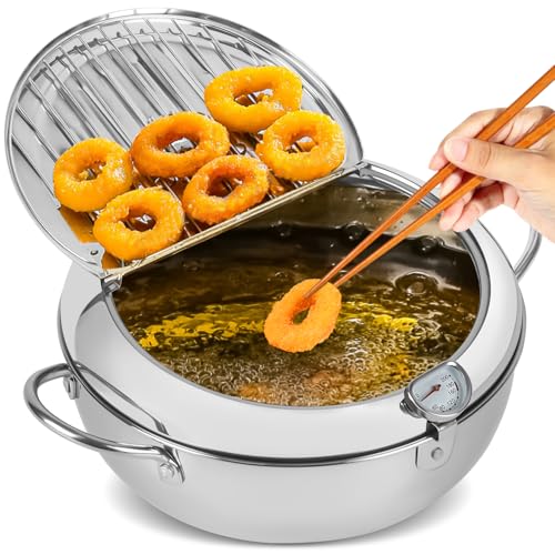 Panela de Fritadeira, Panela Tempura Fritadeira Profunda, Aço Inoxidável Fundo Plano Fogão Estilo Japonês, Frigideira Tempura Japonesa com Termômetro