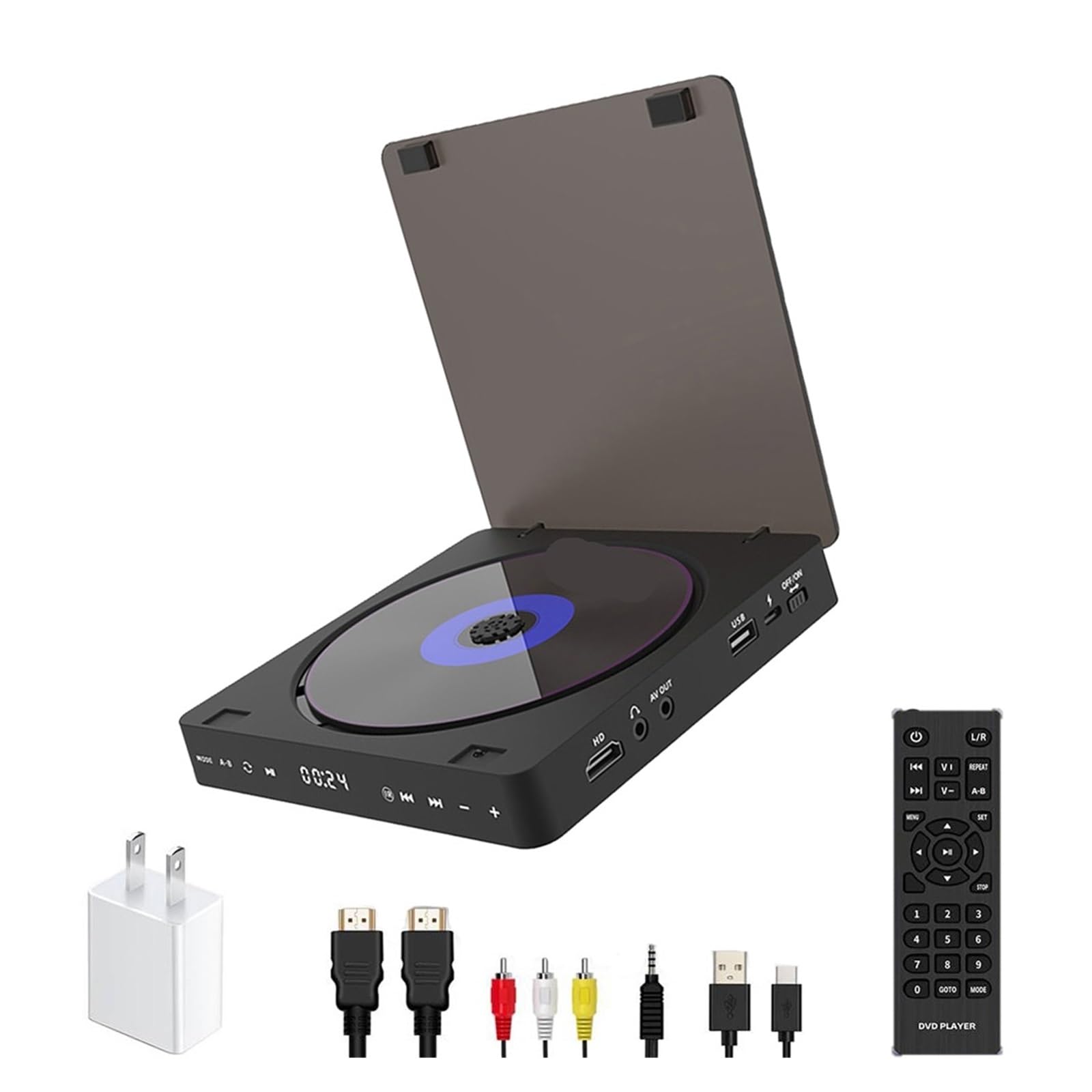 Odtwarzacz DVD, Odtwarzacz HD DVD 1080P — połączenie HDMI AV z wejściem USB Ekran dotykowy LED Type-C, zasilanie 5 V/2 A