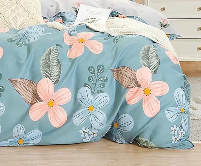 Image of DECOMIZER Super Soft Glace Cotton King Size AC Comforter II Blanket II Duvet for Double Bed with 1 Flat Bedsheet and 2 Pillow Cover - 4 Piece Comforter Set - Sky Peach-300 TC