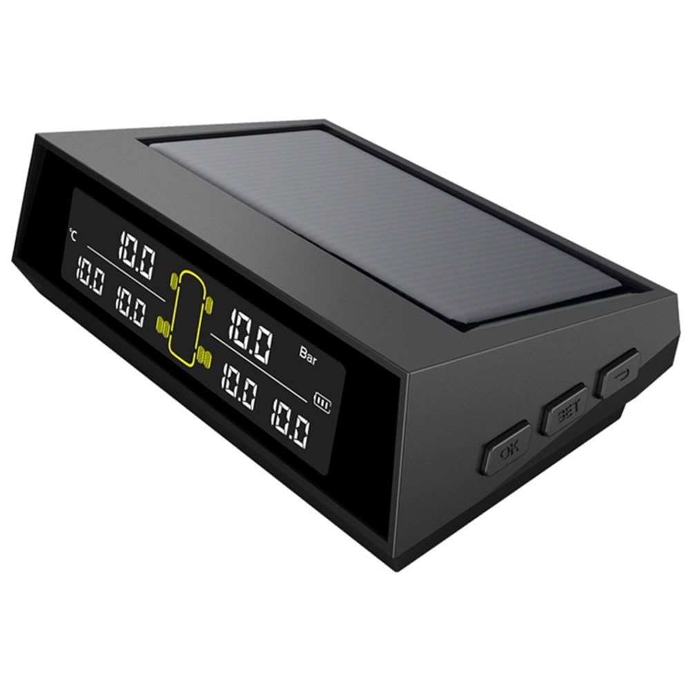 FUBESK Sistema di pressione per pneumatici auto TPMS LCD solare wireless con 6 sensori, ricarica USB, display in tempo reale per 4-6 pneumatici, PSI/BAR, allarme temperatura, nero