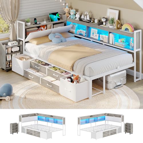 MSmask 14 Inch Corner Bed Frame with Pull-Out Cabinet, Bookcase & Headboad Storage, Twin LED Daybed with 6 Drawers, Charging Station, Twin Size Metal Platform Bed for Kids Teen, White & Oak Grey