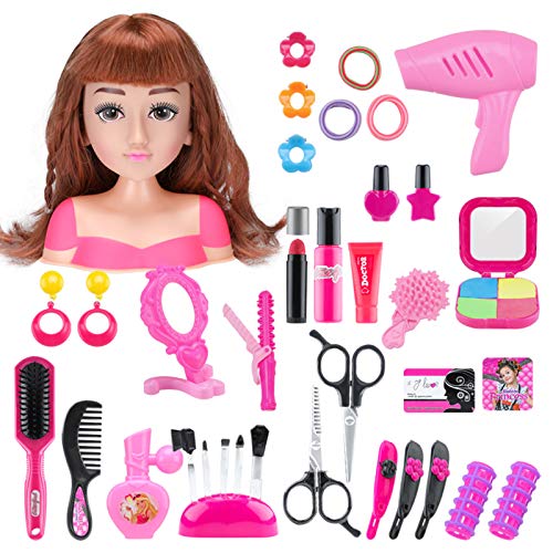 Yamix Girl Makeup Pretend Playset 37 Pieces, Styling Head Doll Hairstyle Toy with Hair Dryer, Beauty Hair Salon Fashion Pretend Play Set