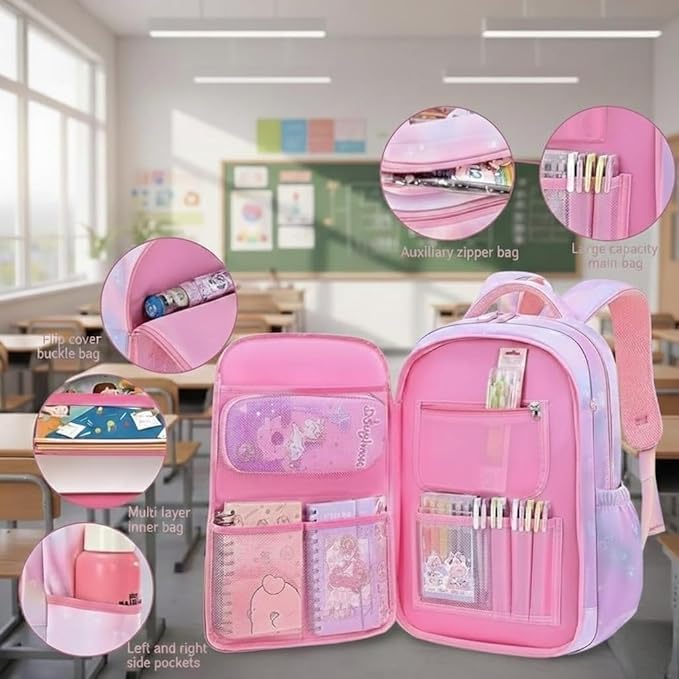 Image of Girls School Backpack Cute Pink Pastel Gradient Bag with Multiple Compartments Lightweight Durable Bookbag for Kids Students (purple bag)