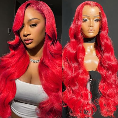 AAY 28 Inch Red Wig Human Hair 200 Density Body Wave 13x4 HD Lace Front Wigs Human Hair Pre Plucked with Baby Hair Red Body Wave Wig Color Real Human Hair Wig Frontal Wigs For Women