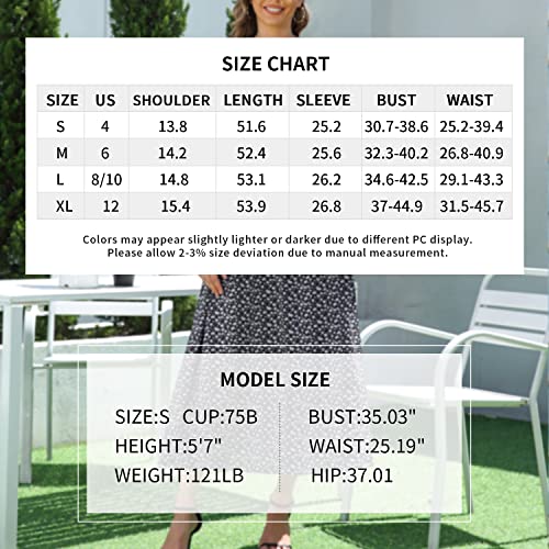 Souqfone Semi Formal Dresses For Women Long Sleeve Smocked Waist Boho Dress Round Neck Midi Dresses For Wedding Guest-S,Black Floral #TOP6
