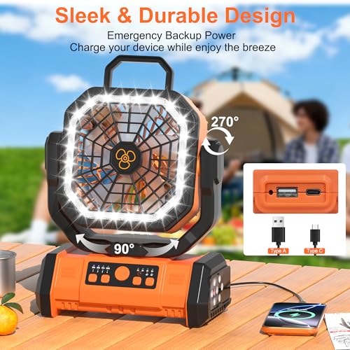 Honesorn Portable Rechargeable Fan 20000mAh, Camping Fan with LED Light & Remote, USB C Cordless Battery Powered, 4 Speeds Timer Hanging Hook for Travel Tent Outdoor Essentials - Orange - Image 5