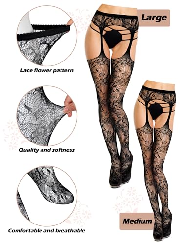 Geyoga 2 Pcs Lace Fishnet Stockings Tights Floral Gloves Black Suspender Pantyhose Long Gloves for Women Halloween Cosplay4