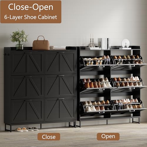 Image of Shoe Cabinet with 6 Flip Drawers, Freestanding Hidden Shoe Storage Organizer for Entryway, Narrow Slim Shoe Rack Cabinet with Open Storage & Hooks for Front Door Entrance, Living Room, Hallway, Black