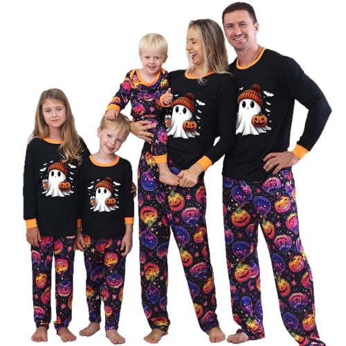 Family Matching Halloween Pajamas Set Spooky Season Holiday Pjs Ghosts Graphic Long Sleeve Shirts and Pants Sleepwear