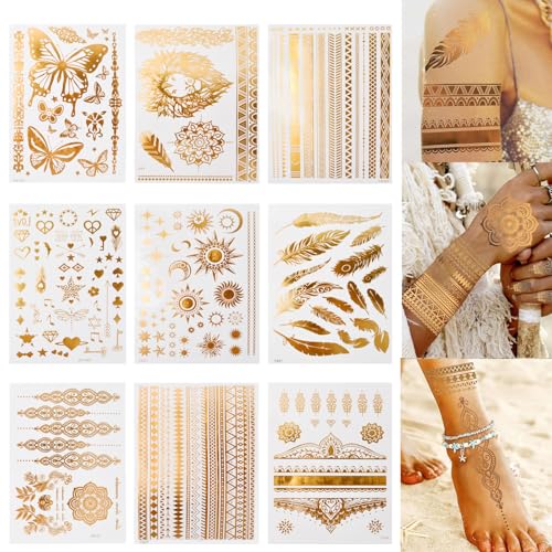 9PCS Tatouage Temporaire Métalliques, Festival Tattoo Doré Autocollants, Paillette Faux Tatoo Ephémère Étanche pour Festival Tatouage, Halloween, Fêtes,...