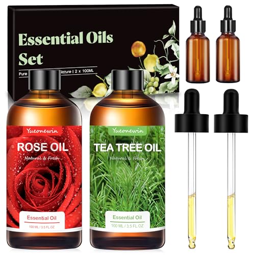 Oli essenziali per diffusori, set di oli essenziali con olio di rosa 100 ml e olio di melaleuca 100 ml, oli profumati, set regalo per fai da te, candele profumate, spa, regali per donne