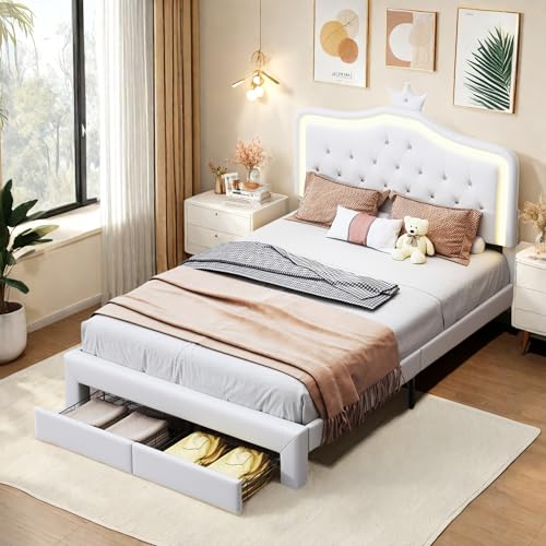 Dormely Lit Enfant 140x200 avec Design Couronne de Princesse, Lit 1 Place avec Tête de lit Réglable, Sommier à Lattes, pour Fille Adolescent, Beige PU, sans Matelas