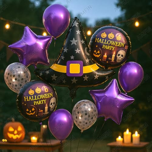 Image of AMFIN (Pack of 11) Halloween Balloon Decoration Set - Hat Foil Balloon, 2 inchHalloween Party inch Round Balloons, 2 Purple Star Balloons - Spooky Party Supplies for Kids & Adults