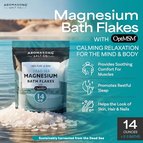 Aromasong RAW Magnesium Flakes + OptiMSM for Soaking 14 Oz. Resealable Pack - Muscle Relaxing Organic Bath Salts Magnesium Chloride Flakes.