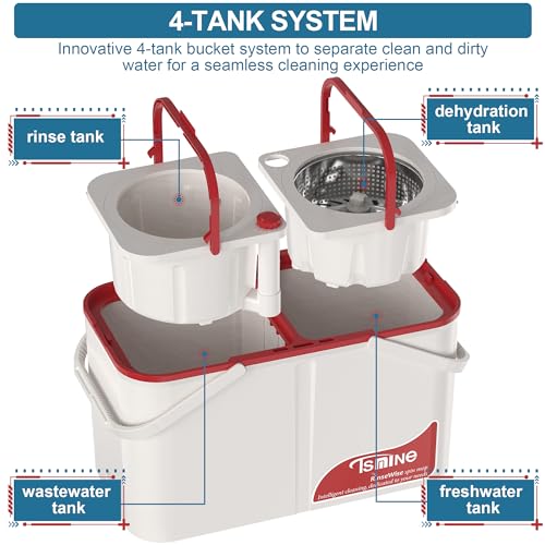 RinseWise Wischeimer Separates Schmutzwasser, Spin Mop Eimersystem, 4-Kammer-Mop und Eimer mit Auswringer-Set, Reinigungsmittel mit 3 Mikrofaser-Ersatzkopf-Nachfüllungen - Weiß – Bild 4
