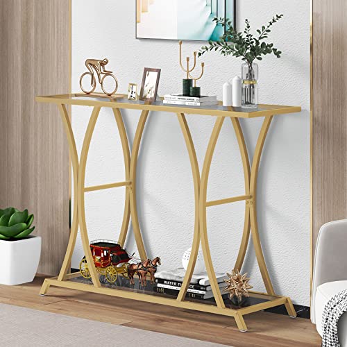 ASYA 2-Tier Console Table, Entryway Table with Glass Tabletop, Console Tables for Entryway, Hallway, Living Room, Gold ASYA 2-Tier Console Table, Entryway Table with Glass Tabletop, Console Tables for Entryway, Hallway, Living Room, Gold