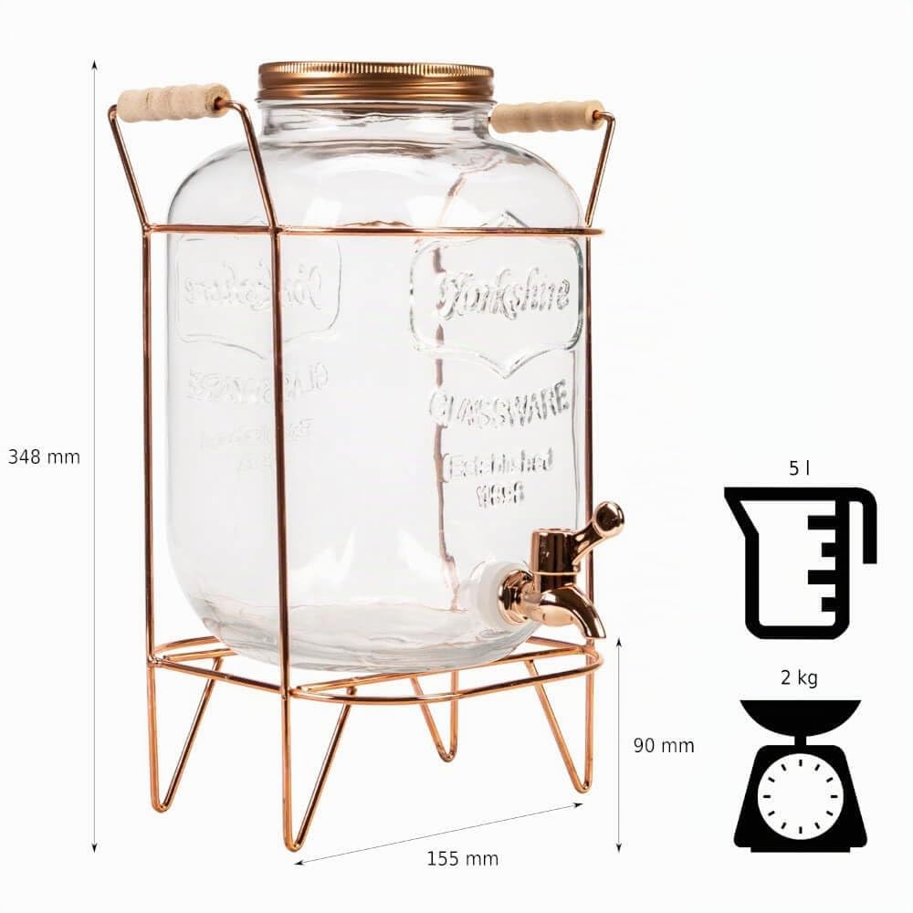 Distribuidor de Bebidas con Grifo Antigoteo - Dispensador de Bebidas de Agua de Vidrio con Soporte y Tapa - Distribuidor de Limonada de 5 litros